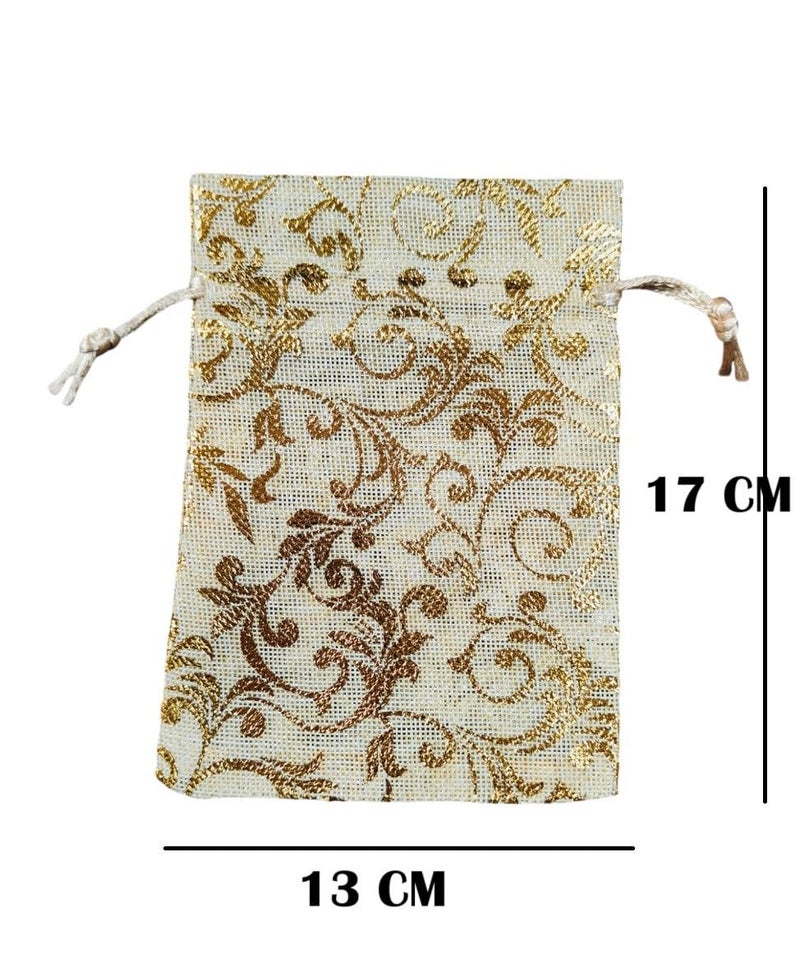 Just Flowers Printed Jute Pouches, Jute Pouches for Gifting, Jute Potli for Diwali Gifts, Return Gifts or Jewellery Storage (Golden Printed Jute Bags, 13cm x 17cm, Pack of 15) - Image 2