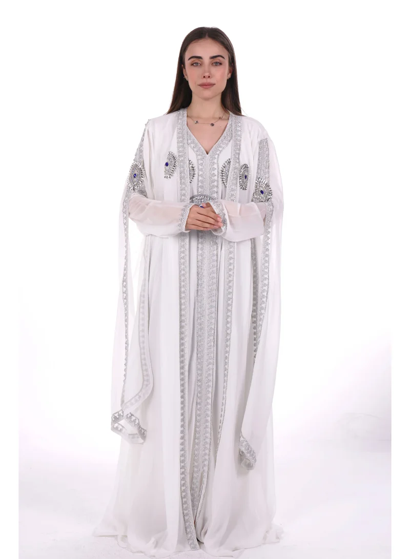 Al Bent Al Sharqieh white belted elegant kaftan dress for Women | Best Price UAE