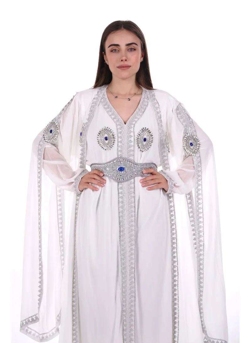 Al Bent Al Sharqieh white belted elegant kaftan dress for Women | Best Price UAE