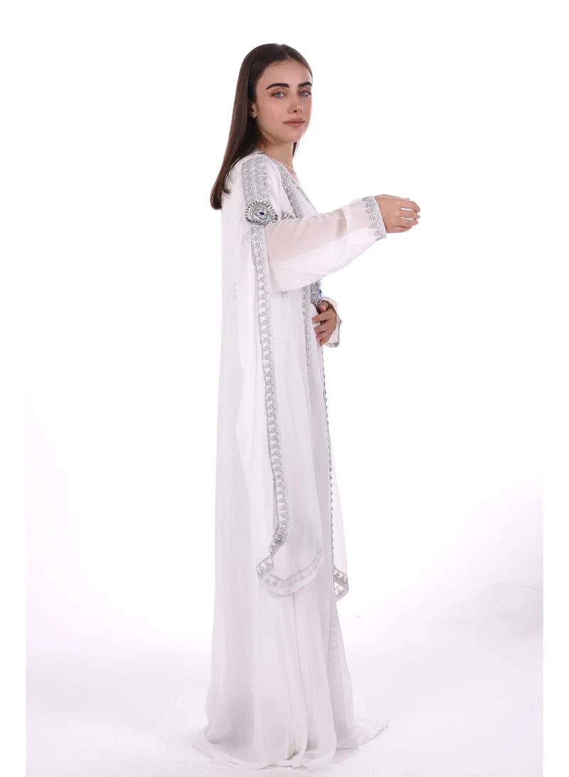 Al Bent Al Sharqieh white belted elegant kaftan dress for Women | Best Price UAE