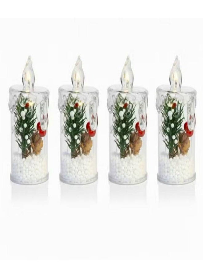 كاندل 4 قطع من مصابيح شموع عيد الميلاد مع أضواء LED وأشجار الصنوبر الخضراء والتوت الأحمر وأكواز الصنوبر - ديكور منزلي احتفالي للأعياد (11 سم) - Image 1