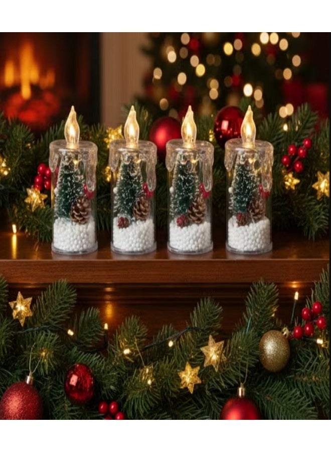 كاندل 4 قطع من مصابيح شموع عيد الميلاد مع أضواء LED وأشجار الصنوبر الخضراء والتوت الأحمر وأكواز الصنوبر - ديكور منزلي احتفالي للأعياد (11 سم) - Image 2