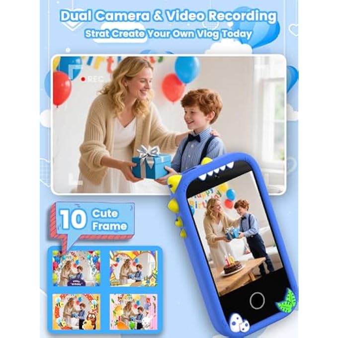 KIDS SMART PHONE, HOLIDAY BIRTHDAY GIFTS FOR BOYS AGE 3-10, KIDS DINOSAUR TOYS PHONE, 2.8" TOUCHSCREEN TODDLER LEARNING PLAY TOY PHONE WITH DUAL CAMERA, GAME, MUSIC PLAYER, 32GB CARD, BLUE - Image 4