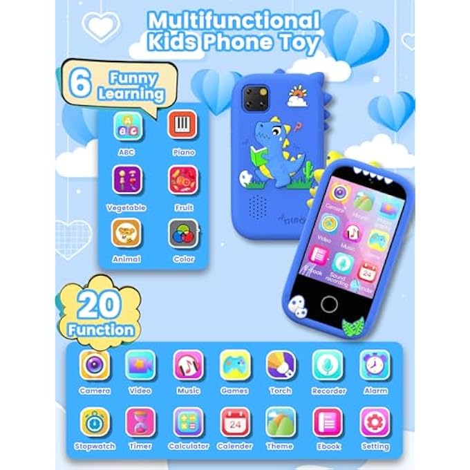 KIDS SMART PHONE, HOLIDAY BIRTHDAY GIFTS FOR BOYS AGE 3-10, KIDS DINOSAUR TOYS PHONE, 2.8" TOUCHSCREEN TODDLER LEARNING PLAY TOY PHONE WITH DUAL CAMERA, GAME, MUSIC PLAYER, 32GB CARD, BLUE - Image 3