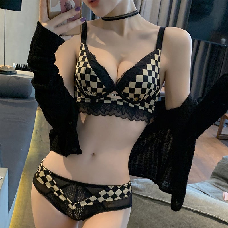 Women's Checkered Push-Up Bra Set with Thick Padding - Image 1