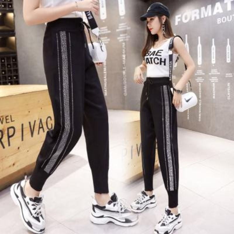 2022 Autumn and Winter New Heavy Industry Rhinting Casual Pants High Waist Slimming Leg Harlan Wei Pants Slim Fit black regular 