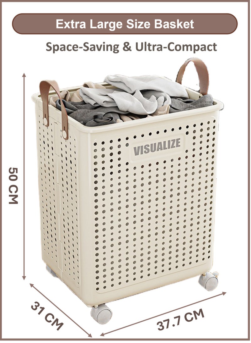 YooA 49×38×9.5cm Extra Large Collapsible Laundry Basket | With Wheels,Made of Durable Anti-Deformation Material, Large Foldable Laundry Hamper for Clothes, Toys & Fruits, Space-Saving, Easy to Move, Multi-Purpose Storage (White)  - Image 2