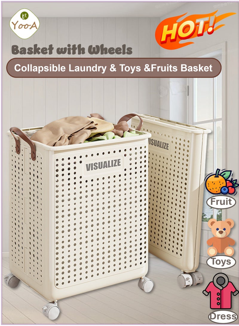 YooA 49×38×9.5cm Extra Large Collapsible Laundry Basket | With Wheels,Made of Durable Anti-Deformation Material, Large Foldable Laundry Hamper for Clothes, Toys & Fruits, Space-Saving, Easy to Move, Multi-Purpose Storage (White)  - Image 1