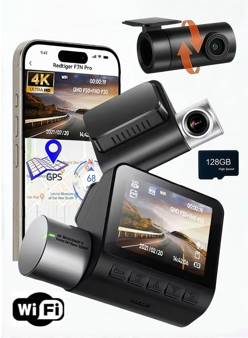 **كاميرا داش أمامية وخلفية بدقة 4K/Full HD، مع بطاقة ذاكرة 128GB مجانية، مزودة بـ Wi-Fi وGPS مدمج، شاشة IPS مقاس 3 بوصة، رؤية ليلية، زاوية تصوير عريضة 170 درجة، تقنية WDR، ووضع مراقبة الانتظار لمدة 24 ساعة.** - Image 1