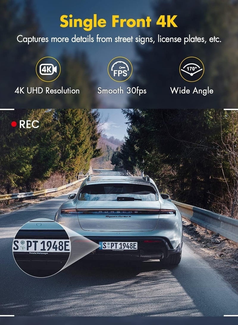 **كاميرا داش أمامية وخلفية بدقة 4K/Full HD، مع بطاقة ذاكرة 128GB مجانية، مزودة بـ Wi-Fi وGPS مدمج، شاشة IPS مقاس 3 بوصة، رؤية ليلية، زاوية تصوير عريضة 170 درجة، تقنية WDR، ووضع مراقبة الانتظار لمدة 24 ساعة.** - Image 4