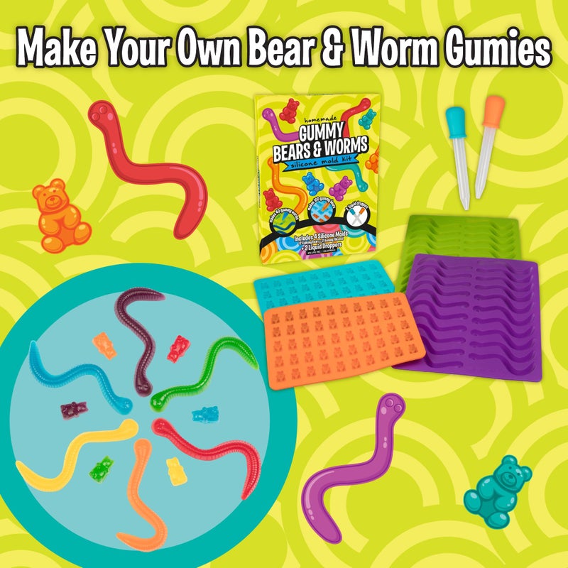 SCS Direct Gummy Bear & Worm Silicone Candy Molds (4pk) BPA-Free Nonstick Trays w 2 Droppers for Chocolate, Ice Cubes & More-Make up to 140 Candies for Holiday Parties-Fun Winter Activity, Gift, Stocking Stuffer - Image 3