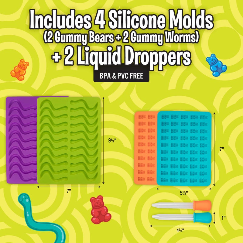 SCS Direct Gummy Bear & Worm Silicone Candy Molds (4pk) BPA-Free Nonstick Trays w 2 Droppers for Chocolate, Ice Cubes & More-Make up to 140 Candies for Holiday Parties-Fun Winter Activity, Gift, Stocking Stuffer - Image 2