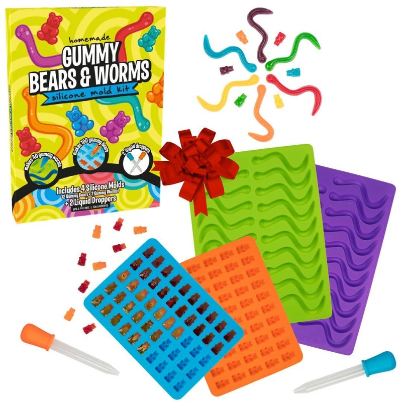 SCS Direct Gummy Bear & Worm Silicone Candy Molds (4pk) BPA-Free Nonstick Trays w 2 Droppers for Chocolate, Ice Cubes & More-Make up to 140 Candies for Holiday Parties-Fun Winter Activity, Gift, Stocking Stuffer - Image 1