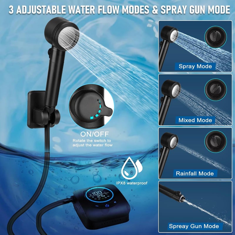 Spopal 8000mAh Rechargeable Portable Camping Shower with 5 Adjustable Speeds and 4 Spray Modes - Image 4