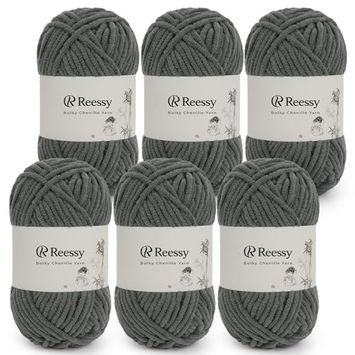 Reessy Bulky Chenille Yarn for Crocheting – 6 Pack of 50g/1.76oz Skeins, Pure Polyester, CYC #5 Bulky Weight – Ultra Soft Chenille Yarn Pack for Crafting Plush Toys, Blankets, Scarves(Charcoal Gray) - Image 1