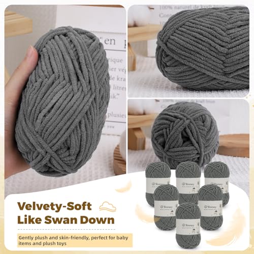 Reessy Bulky Chenille Yarn for Crocheting – 6 Pack of 50g/1.76oz Skeins, Pure Polyester, CYC #5 Bulky Weight – Ultra Soft Chenille Yarn Pack for Crafting Plush Toys, Blankets, Scarves(Charcoal Gray) - Image 2