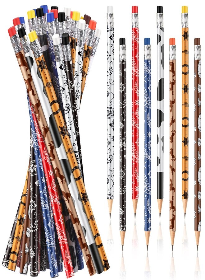 Teling 32 Pcs Western Cowboy Cowgirl Pencils for Kids Fun Cowboy Horse Theme Decorative Wood Pencils with Eraser for Horse Racing Party Favors Students Teacher Student Reward, 8 Styles - Image 1