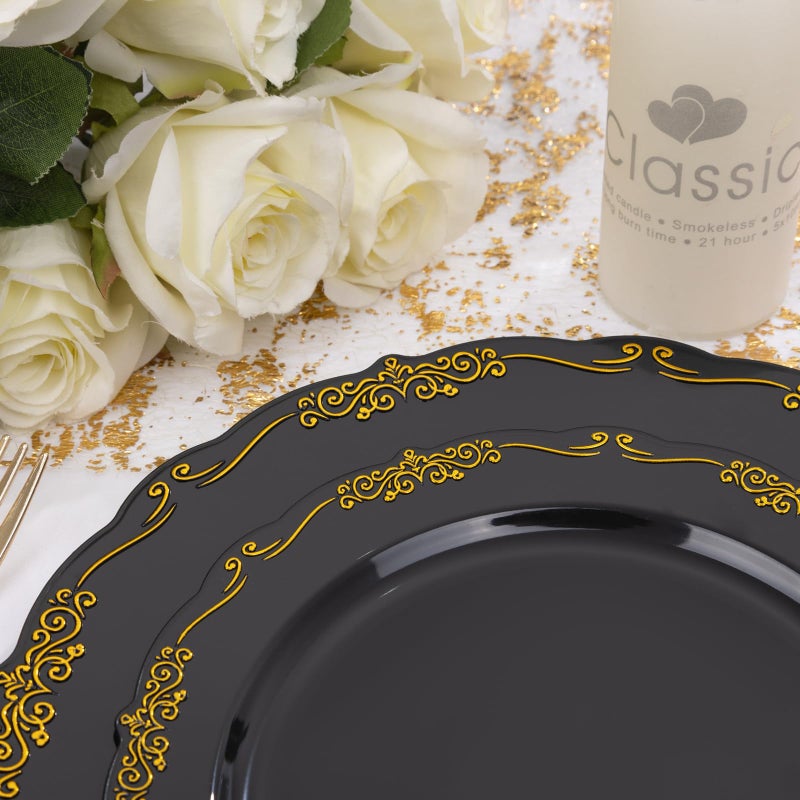 DaYammi 150Pcs Black Gold Plastic Plates & Plastic Silverware  Black Disposable Plates for Party Include 30 Dinner Plate  30 Dessert Plate  30 Knives  30 Forks  30 Spoons for Wedding - Image 1