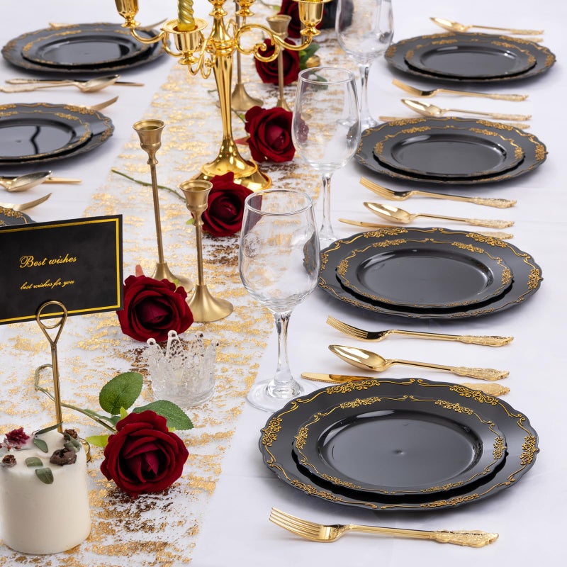DaYammi 150Pcs Black Gold Plastic Plates & Plastic Silverware  Black Disposable Plates for Party Include 30 Dinner Plate  30 Dessert Plate  30 Knives  30 Forks  30 Spoons for Wedding - Image 3