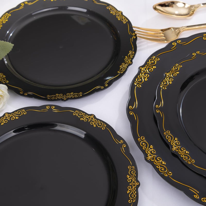 DaYammi 150Pcs Black Gold Plastic Plates & Plastic Silverware  Black Disposable Plates for Party Include 30 Dinner Plate  30 Dessert Plate  30 Knives  30 Forks  30 Spoons for Wedding - Image 2