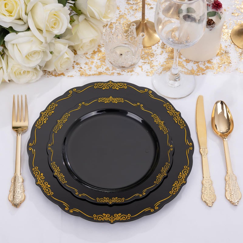 DaYammi 150Pcs Black Gold Plastic Plates & Plastic Silverware  Black Disposable Plates for Party Include 30 Dinner Plate  30 Dessert Plate  30 Knives  30 Forks  30 Spoons for Wedding - Image 4