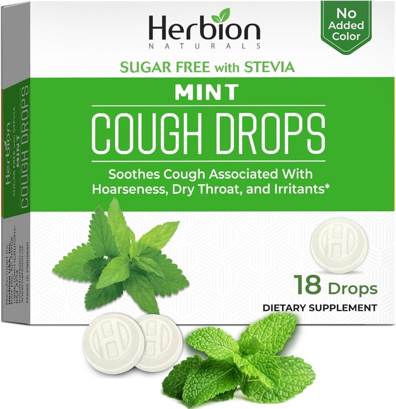 HERBION Naturals Cough Drops Sugar Free with Stevia Dietary Supplement Soothes Cough for Adults  Children Over 6 Years 18 Count Mint Pack of 1 - Image 1