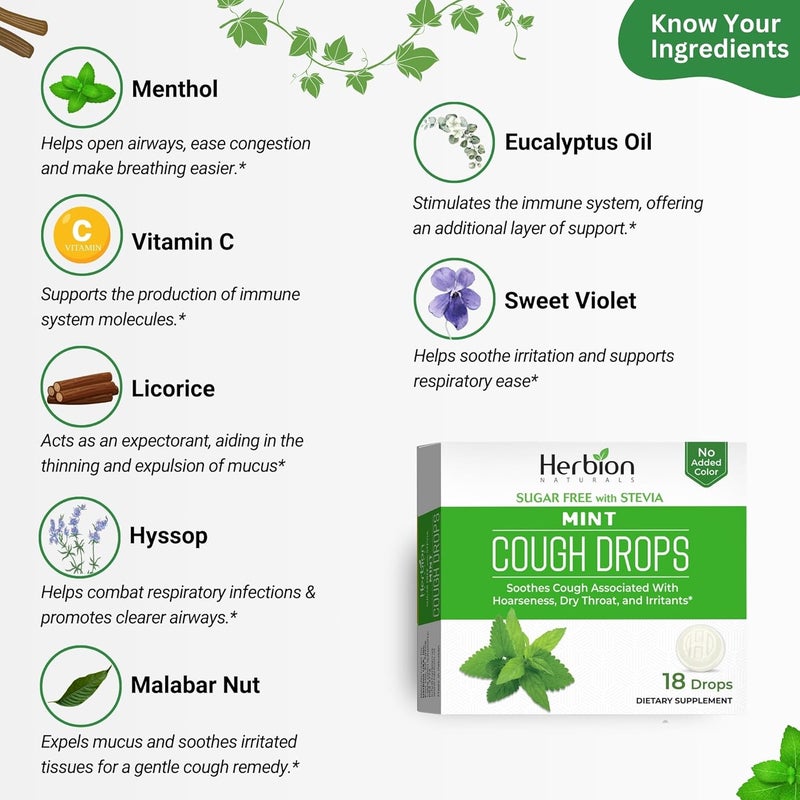 HERBION Naturals Cough Drops Sugar Free with Stevia Dietary Supplement Soothes Cough for Adults  Children Over 6 Years 18 Count Mint Pack of 1 - Image 2
