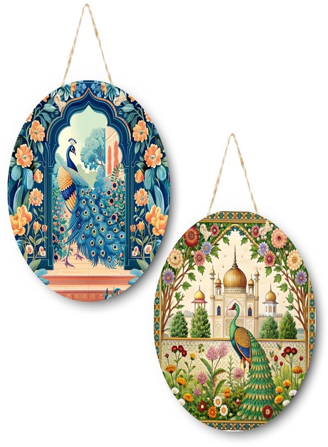 RADIQORE Decorative Pichwai Art Wooden Wall Hanging Decoration Items for Home | Bedroom | Mdf Designer Artwork for Living Room | Ideal Gift | Stylish Modern Decor Item for Hall (Set of 2) (Peacock 5) - Image 1