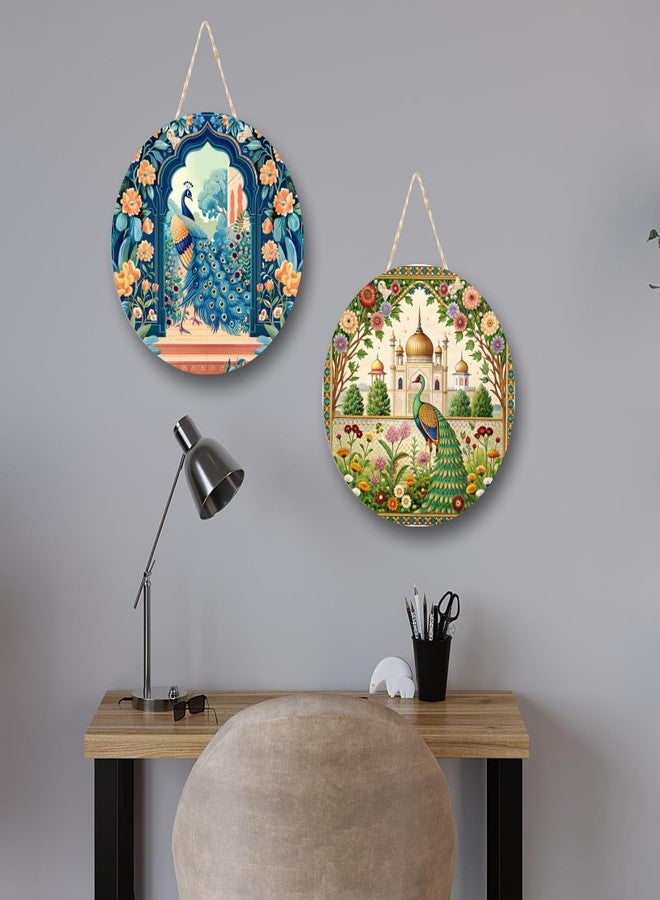RADIQORE Decorative Pichwai Art Wooden Wall Hanging Decoration Items for Home | Bedroom | Mdf Designer Artwork for Living Room | Ideal Gift | Stylish Modern Decor Item for Hall (Set of 2) (Peacock 5) - Image 2