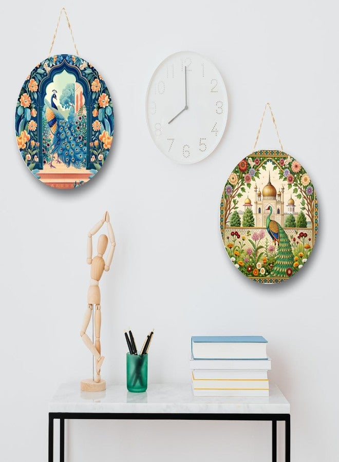 RADIQORE Decorative Pichwai Art Wooden Wall Hanging Decoration Items for Home | Bedroom | Mdf Designer Artwork for Living Room | Ideal Gift | Stylish Modern Decor Item for Hall (Set of 2) (Peacock 5) - Image 3