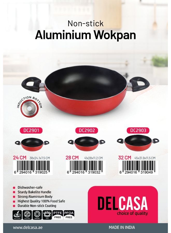 DELCASA Aluminum Wok Pan With Nonstick Coating Red 24 cm - Image 2