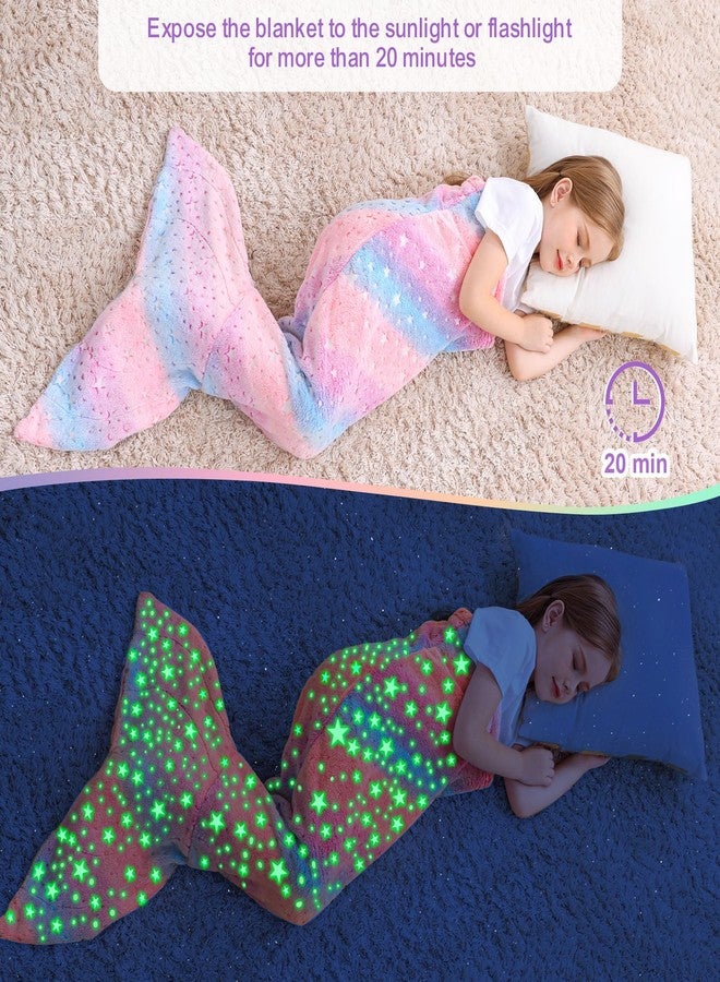 Softan Kids Mermaid Tail Blanket, Glow in The Dark Toddler Mermaid Blanket with Glittering Stars and Rainbow Ombre Fish Scale Design - 17" x 39" - Image 2