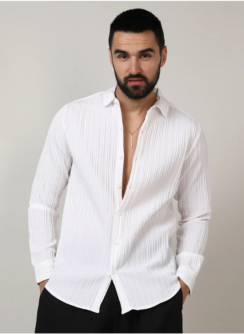 كامبوس سوترا Men's Chalk White Self-Design Striped Shirt