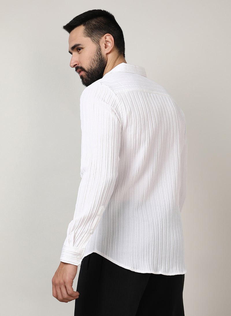 Campus Sutra Men's Chalk White Self-Design Striped Shirt - Image 5