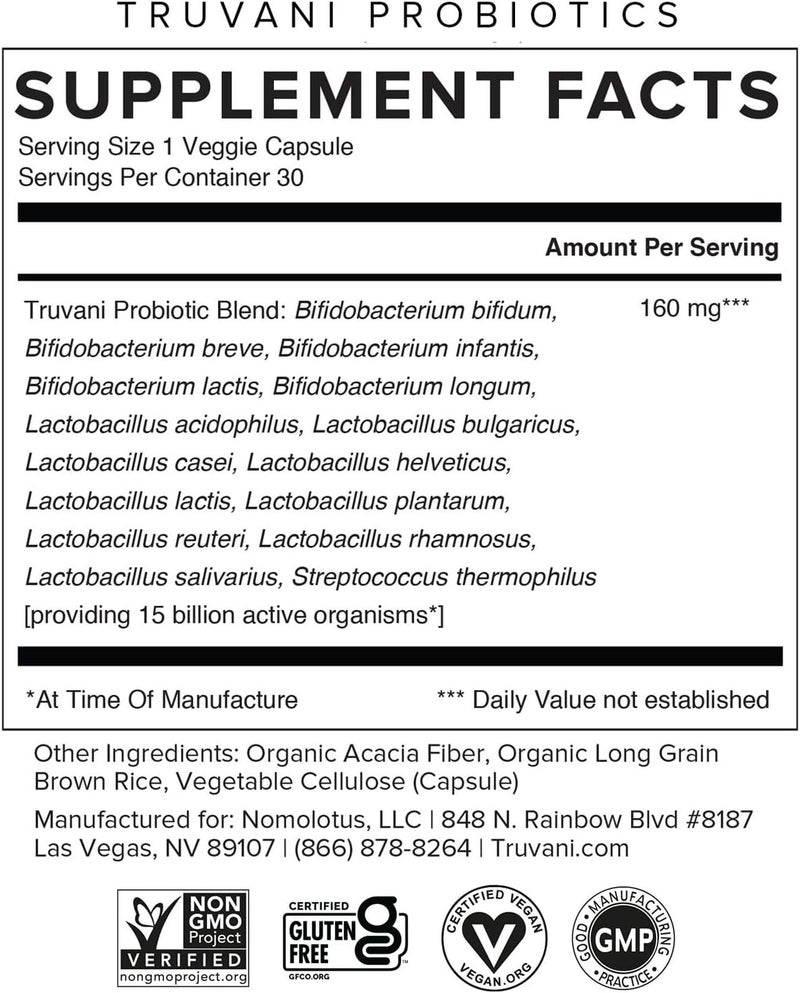 Truvani Probiotic Supplement  30 Servings  15 Billion CFU  15 Diverse Strains for Digestive Immune  Brain Health Support  ShelfStable Vegan Capsules  NonGMO No Fillers - Image 2