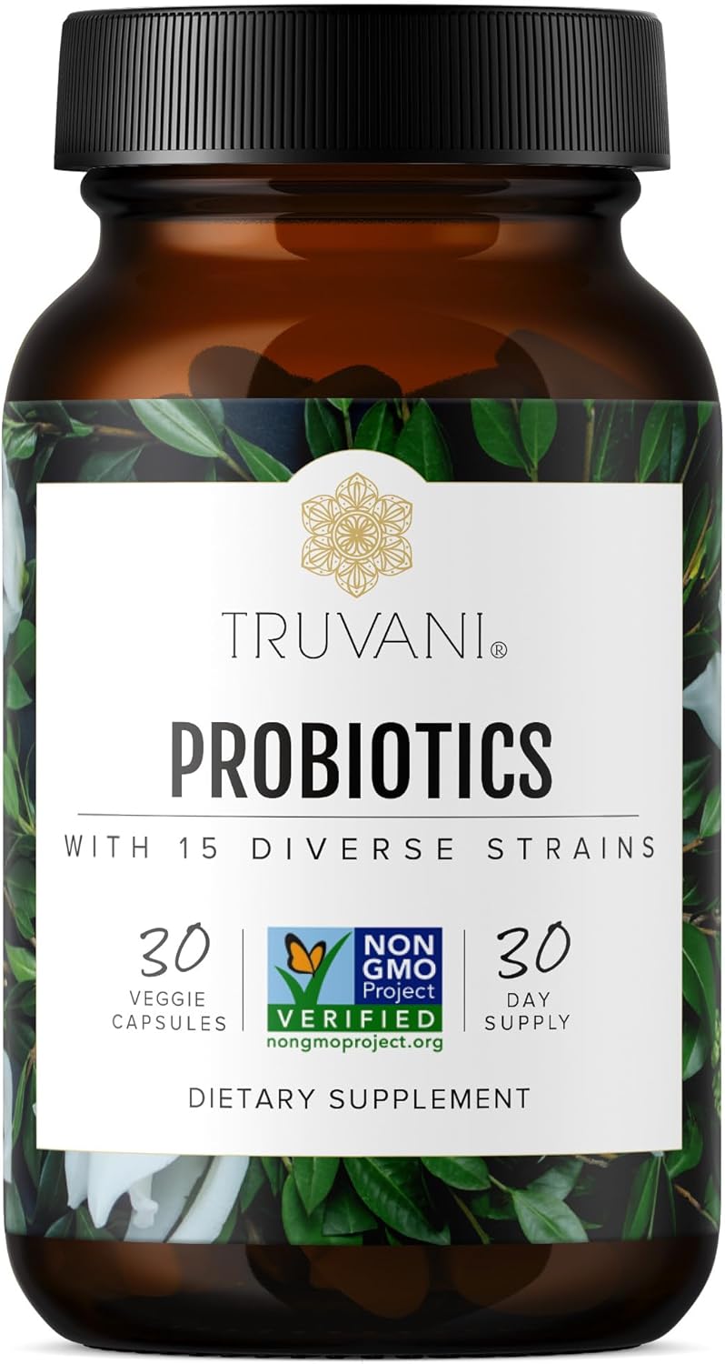 Truvani Probiotic Supplement  30 Servings  15 Billion CFU  15 Diverse Strains for Digestive Immune  Brain Health Support  ShelfStable Vegan Capsules  NonGMO No Fillers - Image 1