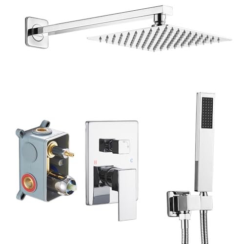 Heable Shower System with High Pressure Rainfall Shower Head, Handheld Shower head and Shower Faucet Trim, Rain Mixer Shower Set Wall Mounted Chrome（Valve Include） - Image 1