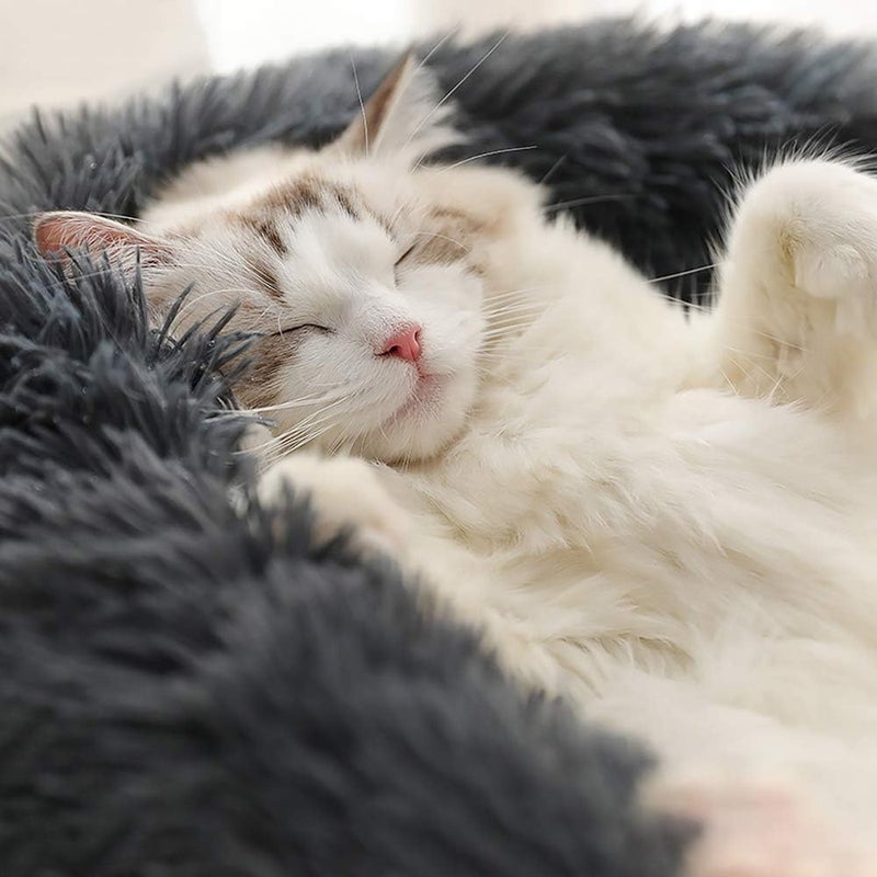 Faux Fur Dog Cat Bed, Shag Round Anti-Anxiety Pet Calming Doughnut Cuddler for Medium Large Puppy Kennel Cushion, Self Warming (28'' D x 8'' H, Dark Grey) - Image 3