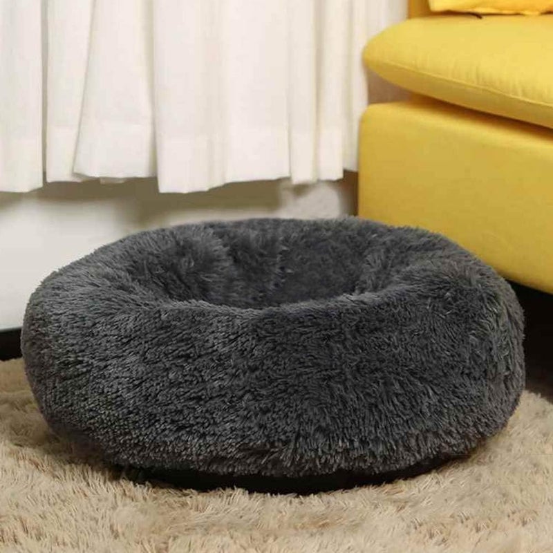 Faux Fur Dog Cat Bed, Shag Round Anti-Anxiety Pet Calming Doughnut Cuddler for Medium Large Puppy Kennel Cushion, Self Warming (28'' D x 8'' H, Dark Grey) - Image 2