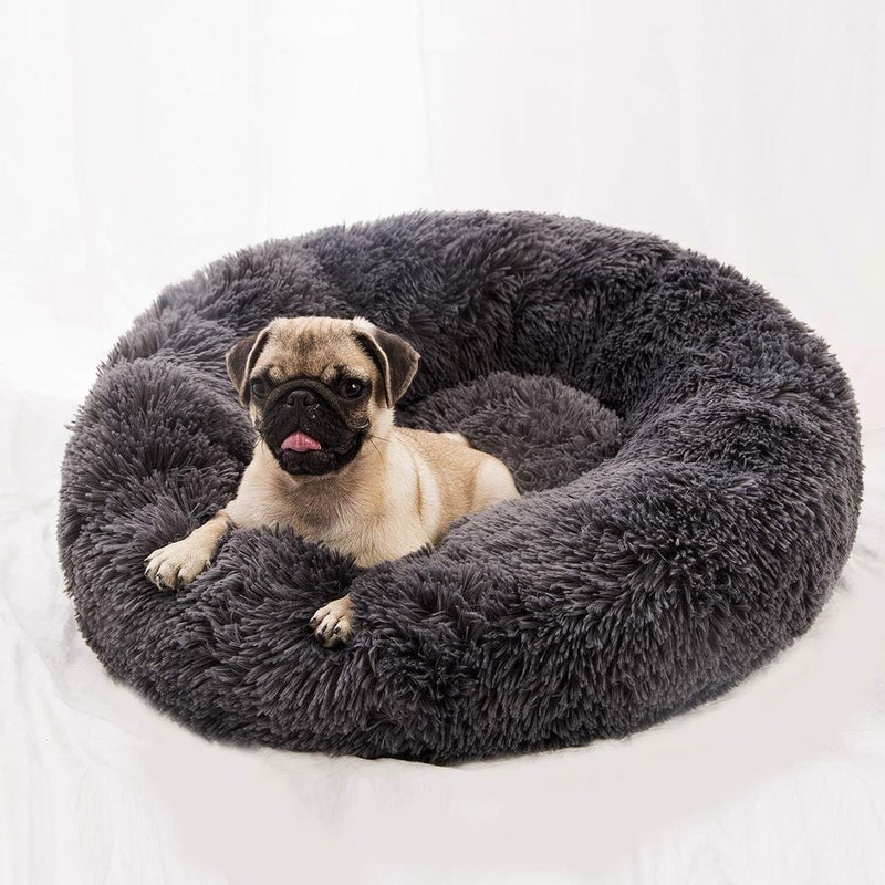 Faux Fur Dog Cat Bed, Shag Round Anti-Anxiety Pet Calming Doughnut Cuddler for Medium Large Puppy Kennel Cushion, Self Warming (28'' D x 8'' H, Dark Grey) - Image 1
