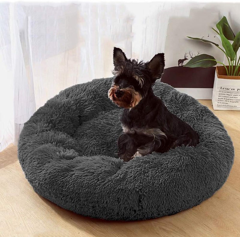 Faux Fur Dog Cat Bed, Shag Round Anti-Anxiety Pet Calming Doughnut Cuddler for Medium Large Puppy Kennel Cushion, Self Warming (28'' D x 8'' H, Dark Grey) - Image 4