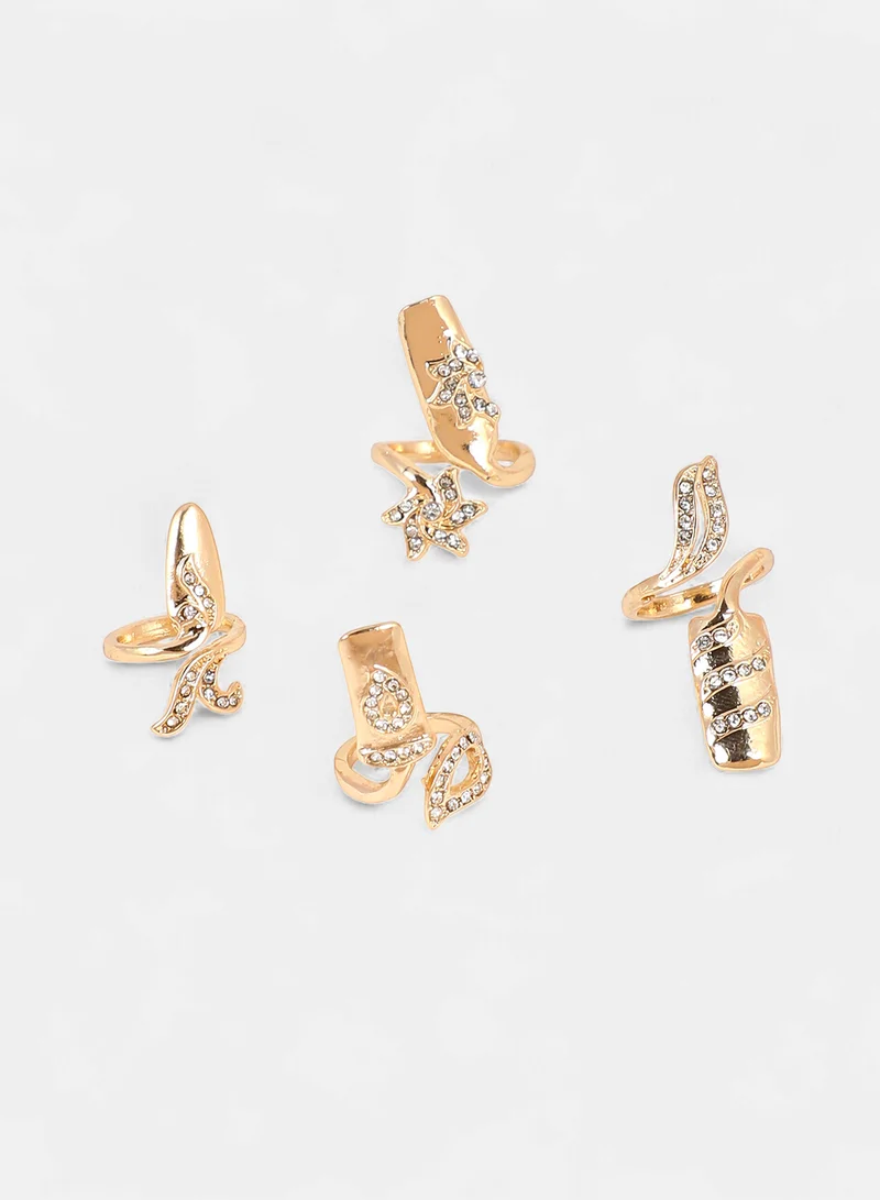 SOHI SOHI Women The Botanic Nail Ring Set | California  Colour | Set Of 4 | One-Size | Artificial Stone Alloy Material | Adjustable Closure | Ring For Casual & Evening Wear