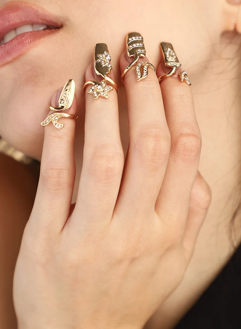 SOHI SOHI Women The Botanic Nail Ring Set | California  Colour | Set Of 4 | One-Size | Artificial Stone Alloy Material | Adjustable Closure | Ring For Casual & Evening Wear