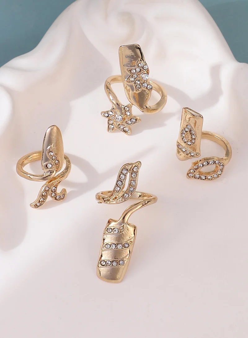 SOHI SOHI Women The Botanic Nail Ring Set | California  Colour | Set Of 4 | One-Size | Artificial Stone Alloy Material | Adjustable Closure | Ring For Casual & Evening Wear