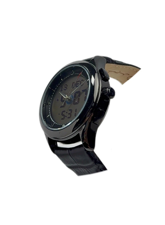 Al Fajr Analogue and digital dual-display Black circular dial wristwatch, black leather strap and white dial Minimalist and fashionable style watch WW-22BWL-HS - Image 2