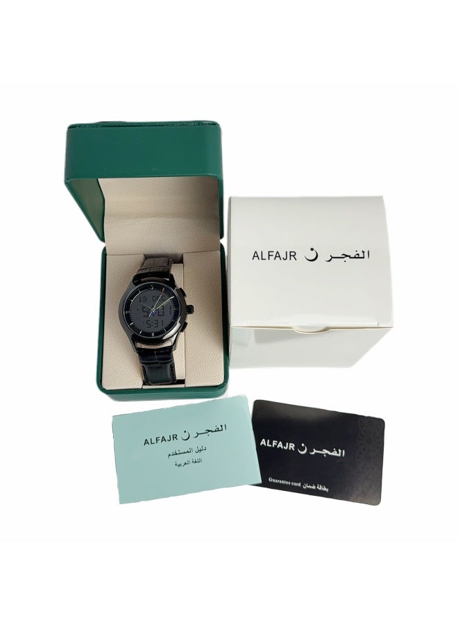 Al Fajr Analogue and digital dual-display Black circular dial wristwatch, black leather strap and white dial Minimalist and fashionable style watch WW-22BWL-HS - Image 5