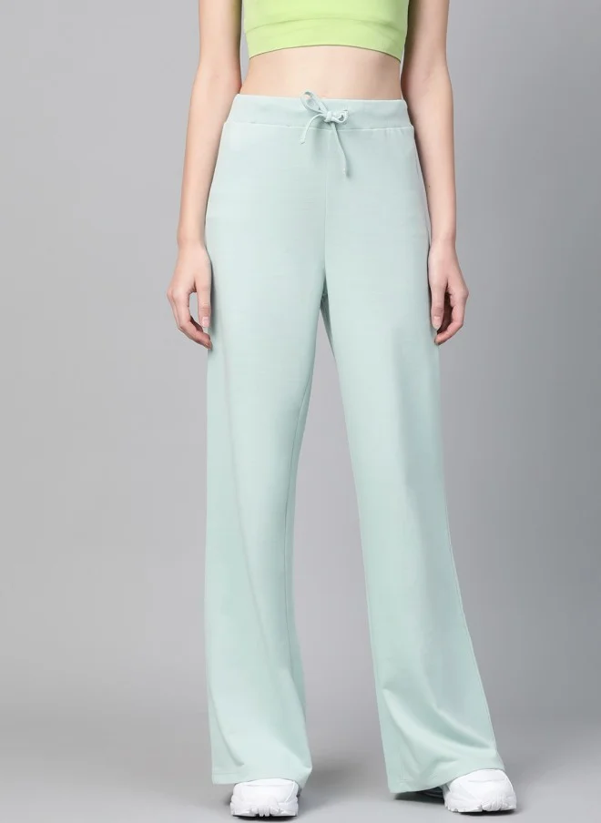 SASSAFRAS Mint Green Solid Wide Leg Track Pants for Women