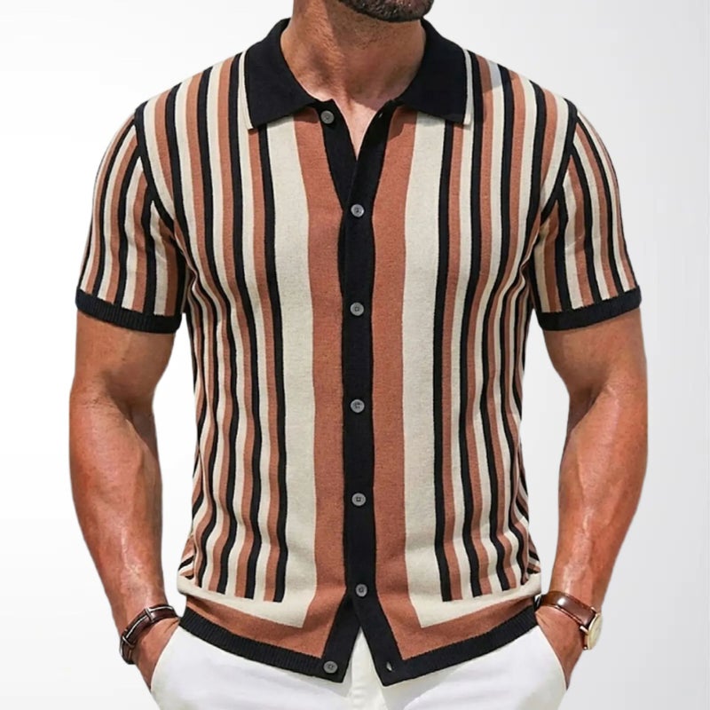 Men's Knitted Short Sleeve Polo Shirt with Collar Casual Striped Top - Image 2