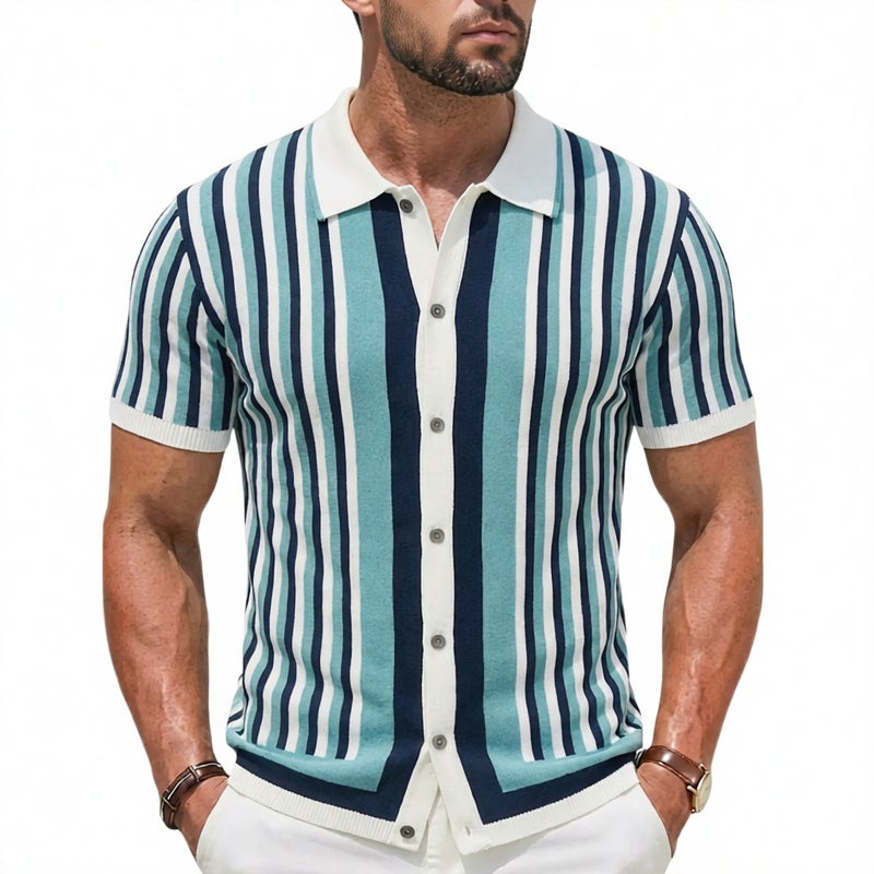 Men's Knitted Short Sleeve Polo Shirt with Collar Casual Striped Top - Image 1