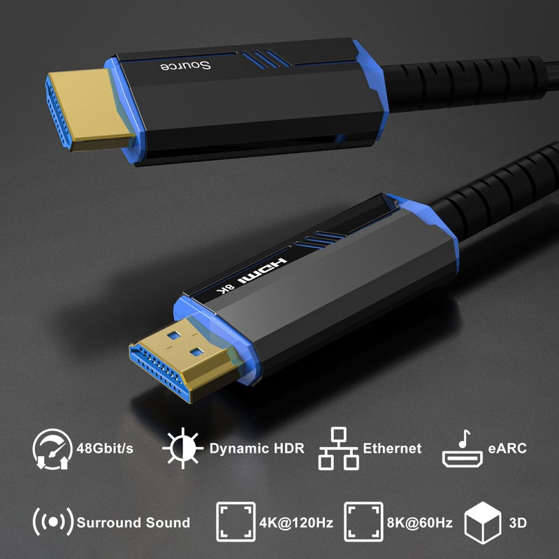 ecjtu 8K Long HDMI Fiber Optic Cable 50Feet/15m, 8K@60hz, 4K@120hz, HDMI 2.1 Cable 50FT, 48Gbps Ultra High Speed, Support HDR, eARC, Compatible for PC, HDTV, playstation4, PS5, Xbox Series X, RTX4090/4080 - Image 2